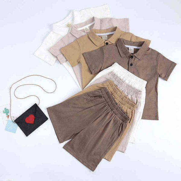 

children's polo shirt boys baby clothes summer lapel short-sleeved t-shirt girls clothes shorts solid color cotton two-piece set g22052, Blue