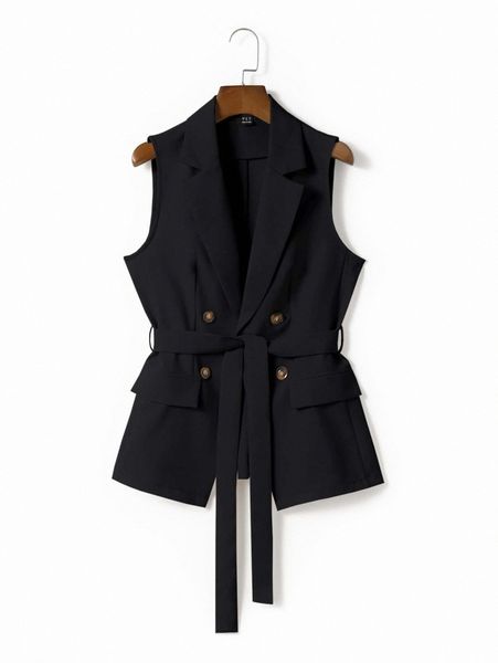 

lapel collar double button placket flap detail belted vest blazer d6xp#, White