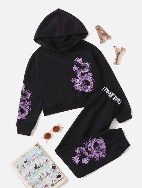 

girls chinese dragon print hoodie & contrast letter tape sweatpants she, White