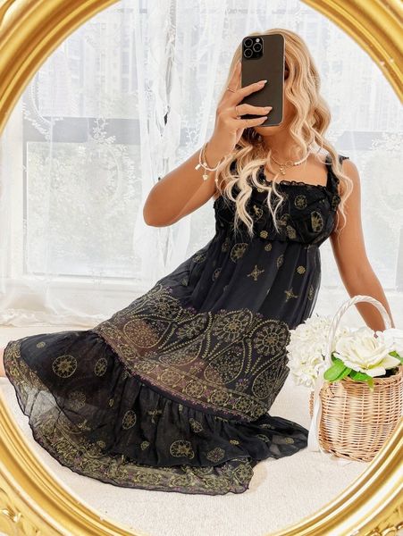 

mandala print shirred ruffle trim chiffon cami dress b2ua#, Black;gray