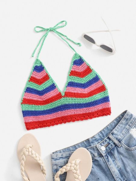 

mod halter neck tie back striped pattern crop knit q088#, White;black