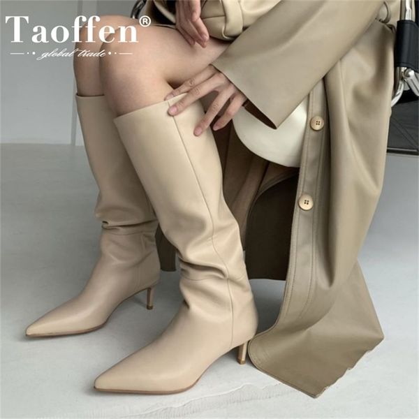 

taoffen size 3343 women genuine leather knee high boots pointed toe thin heel slip on party club winter ladies footwear 211009, Black