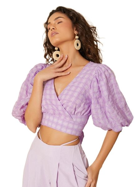 

puff sleeve tie back plaid v4o6#, White