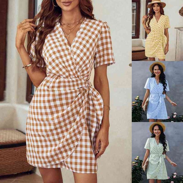 

sano 2022 summer new plaid skirt women's bow v-neck dress, Black;gray