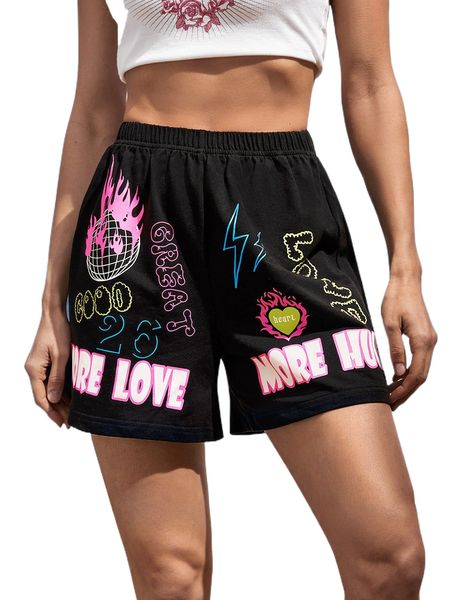 

fire & slogan graphic shorts t2dm#, White;black