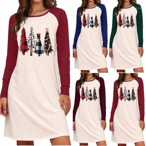 Casual Kleider Weihnachtsbaum Print Nachtwäsche Pyjamas Frauen Herbst Frühling Langarm Pullover Bodycon Minikleid Nachthemd