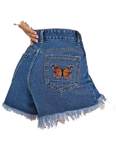 

butterfly embroidered raw hem denim shorts a8ja#, White;black