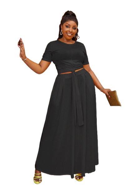 

plus tie front tee and maxi skirt h5uc#, Black