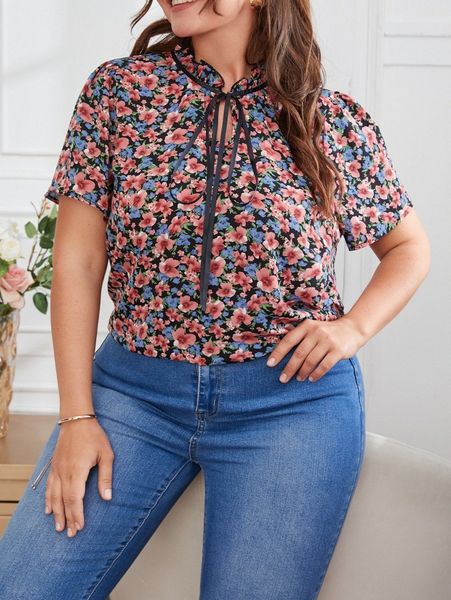 

plus allover floral print frilled tie neck blouse f9vq#, Black