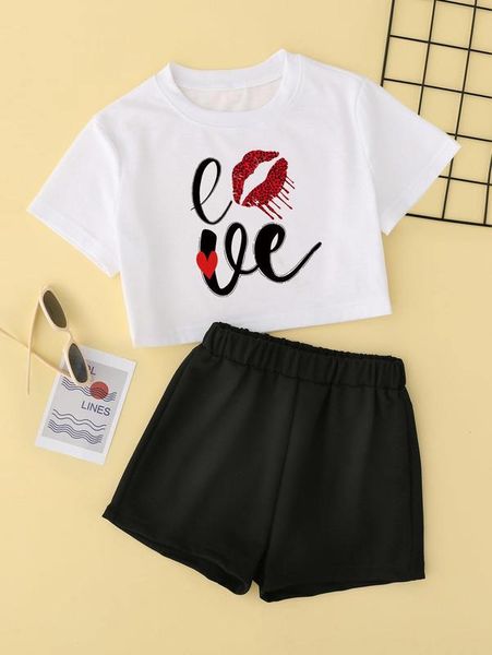 

girls lip and letter graphic tee & shorts she, White