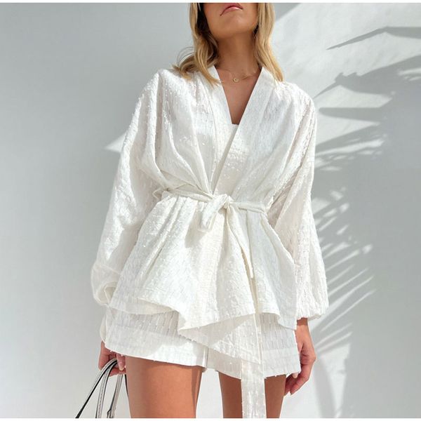 

women's tracksuits autumn lace up women's suit loose jacquard lantern long sleeve cardigan shorts female set fashion casual ladies, Gray