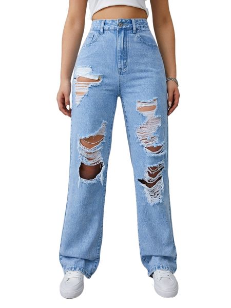 

r.ipped frayed cut out h.igh w.aist s.traight l.eg j.eans b68t#, Blue