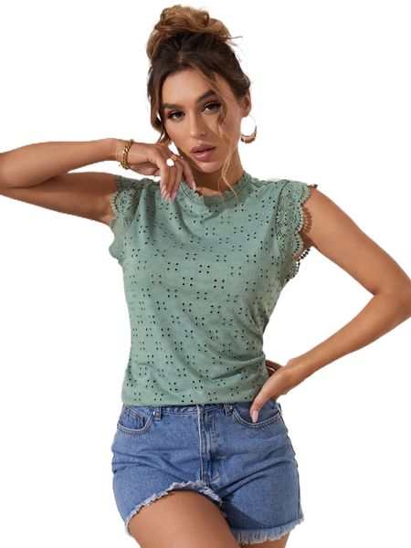 

solid eyelet embroidery mock neck a7xo#, White