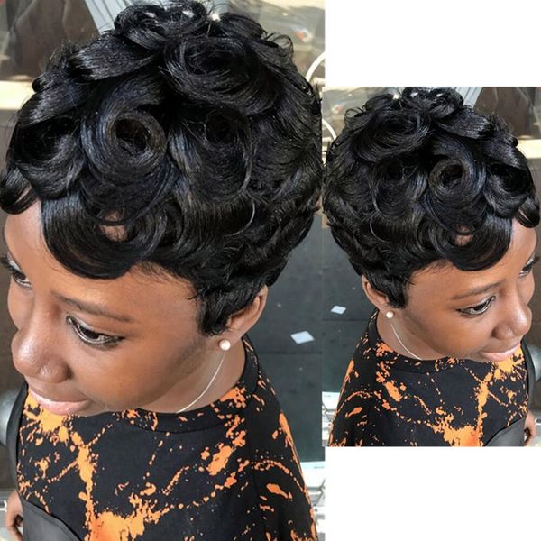 

short bob water curl pixie cut human hair wig deep wave none lace frontal machine made wigs for black women, Black;brown