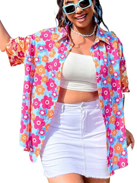 

plus floral print button front shirt v1x3#, Black