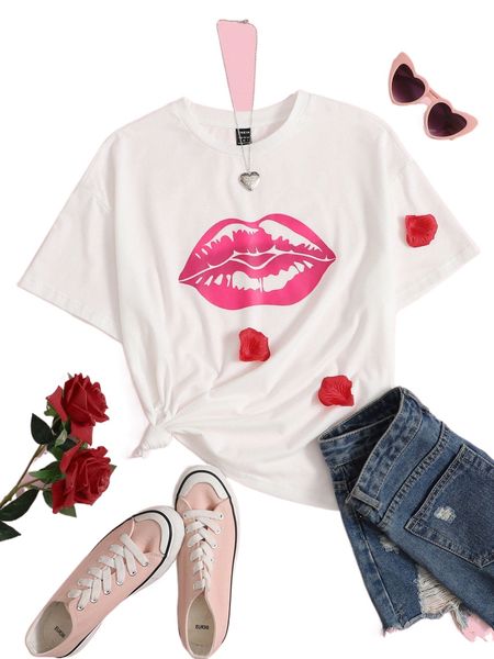 

lips print drop shoulder tee j2sd#, White
