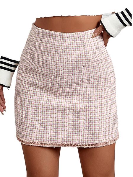

plaid pattern raw trim tweed bodycon skirt y1ej#, Black