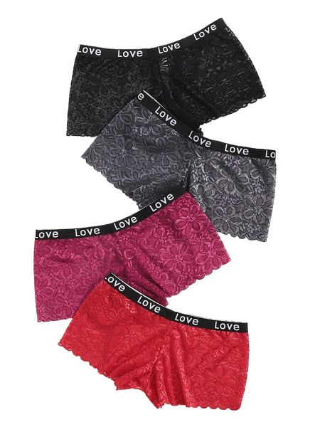 

4pack letter tape floral lace panty v5i1#, Black;red