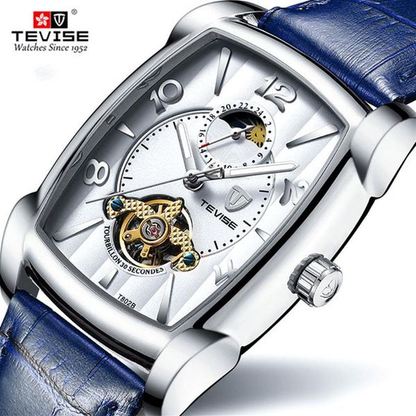 

tevise fashion mens automatic watches moon phase tourbillon mechanical watch men leather sport wristwatch relogio masculino237z, Slivery;brown