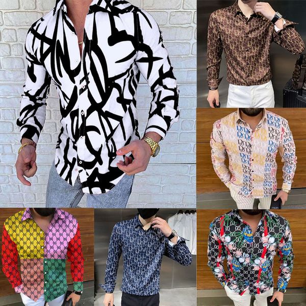 

shirt button mens casual business shirts luxury summer clothing letters blouse fashion tees lapel t shirts young geometric printing long sl, White;black