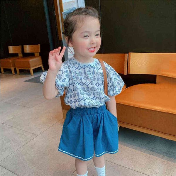 Девочки синяя одежда Set Summer Kids Pufle Etnic Print Fort с свободными шортами 2 штука 3-8 лет детские повседневные наряды G220509