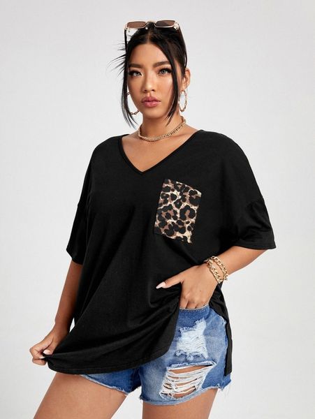 

plus leopard drop shoulder tee o7cv#, Black