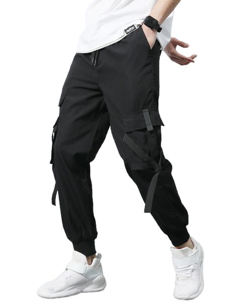 

men strap flap pocket cargo pants q96l#, Black