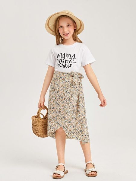 

girls slogan graphic tee & ditsy floral print knot side wrap skirt she, White