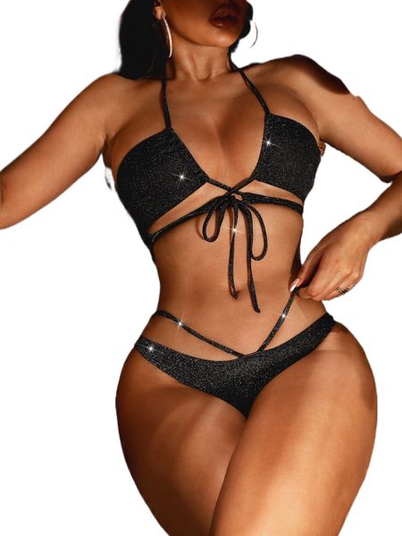 

sxy glitter lace up halter bikini swimsuit i8ob#, White;black
