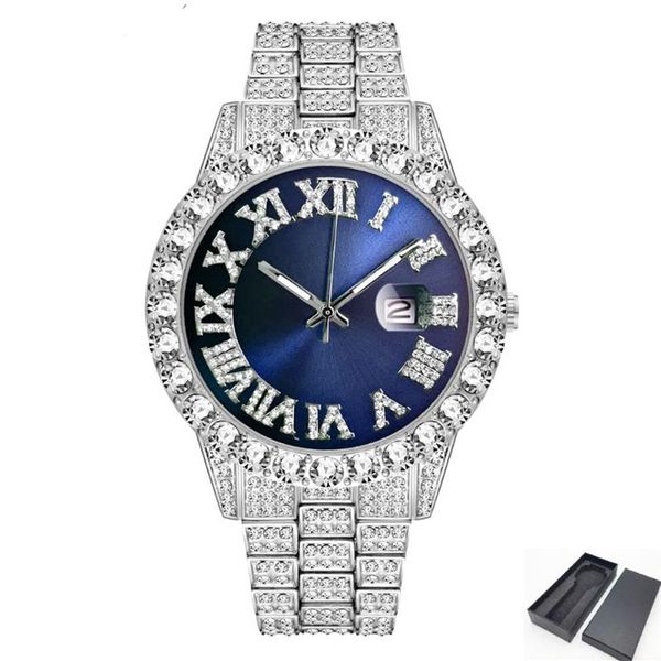 

drop iced out watch men hip hop luxury fully bling diamond quartz mens watches blue face waterproof cz relojes 2021 wristwatches200b, Slivery;brown