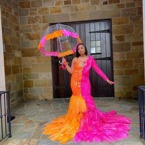 

colorful luxury mermaid prom dresses for black girls 2022 feathers sequin long sleeve evening dress graduation party gowns robe de bal