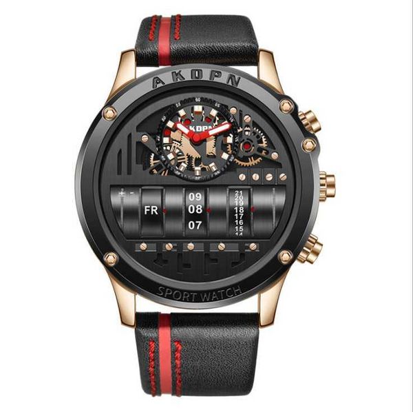 

watches akdpbn quartz domic big dial leather stap mens watch creative hollow design luminous month week calendar masculine, Slivery;brown