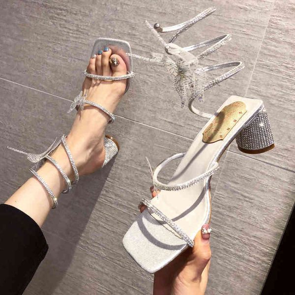 

sandals designer summer sandal women square toe high heels fairy geomantic luxury rhinestones butterfly twining chunky heeled slippers 22030, Black