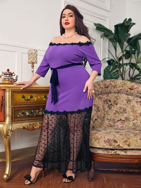 

plus contrast mesh belted off shoulder dress r6br#, Black