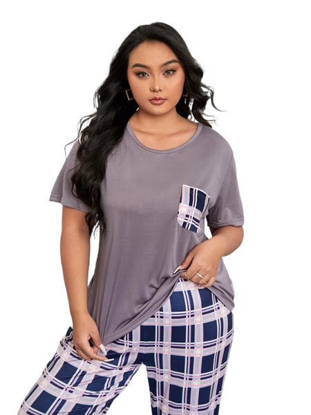 

plus 1pc plaid print pocket patched sleep d7o0#, Black;white