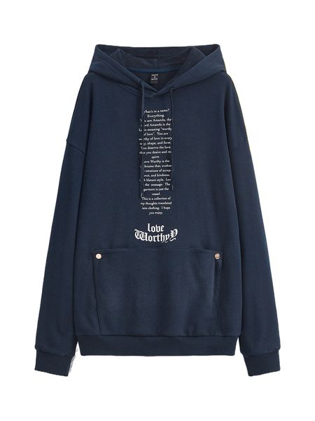 

x love worthy men slogan graphic kangaroo pocket drop shoulder drawstring hoodie k0bs#, Black