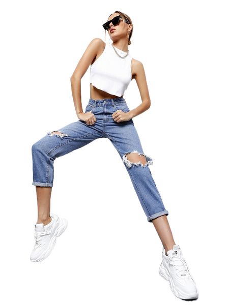

light washed high waist ripped jeans p5dl#, Blue