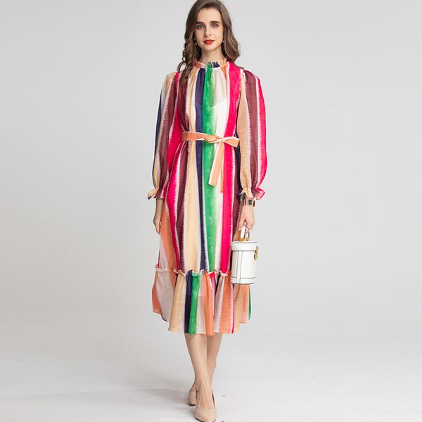 

women's runway dresses o neck long sleeves rainbows printed sash belt fashion high street holiday vestidos, Black