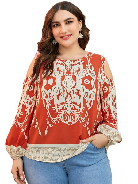 

plus graphic print cold shoulder blouse n188#, Black