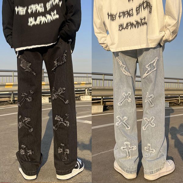 

mens jeans neutral wide leg denim trousers loose straight men jeans asthetic man jeans pants for boy casual baggy hip hop 220711, Blue