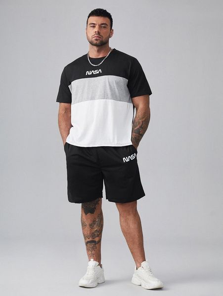 

extended sizes men letter graphic colorblock tee & drawstring waist shorts 93vt#, Gray