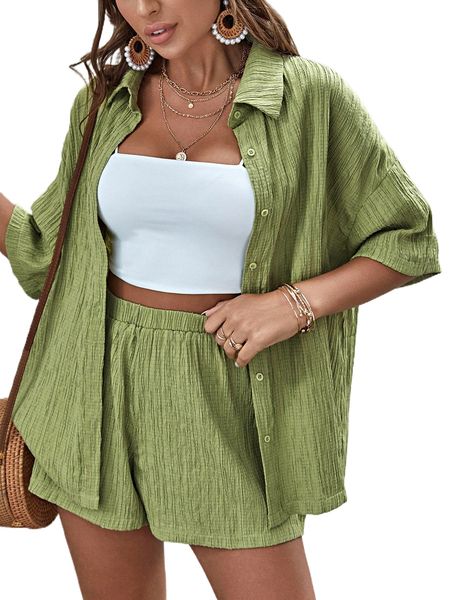 

drop shoulder collar drop shoulder blouse & shorts without cami s4fg#, White