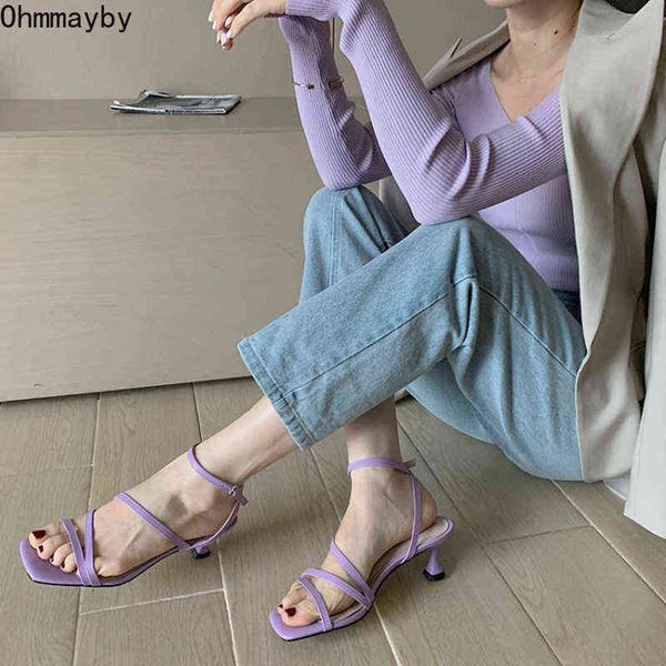 

2022 new summer narrow band women sandals fashion party dress thin heels women sandalias female outdoor purple pumps y220409, Black