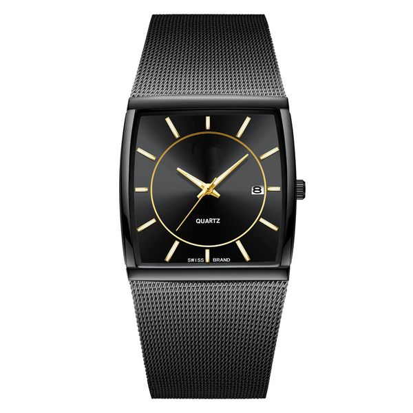 

2022 square stainless steel mesh bracelet watches date display men quartz watch luxury gold male wristwatch relogio masculino wristwatches m, Slivery;brown