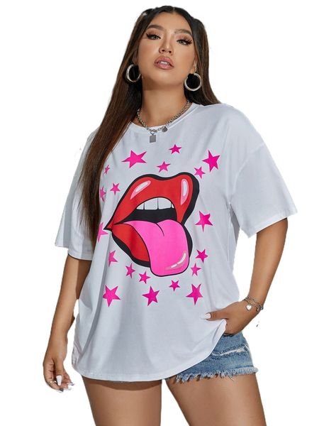 

plus lip & star print drop shoulder tee s4fi#, Black