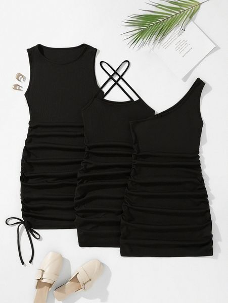 

3pcs ruched tie side one shoulder dress a184#, Black;gray