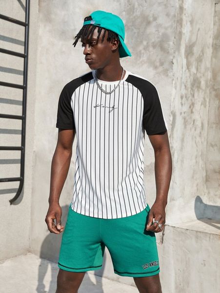 

men letter & striped print raglan sleeve tee 02dm#, White;black