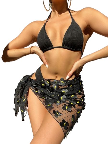 

plain halter triangle bikini swimsuit with beach skirt n8si#, White;black