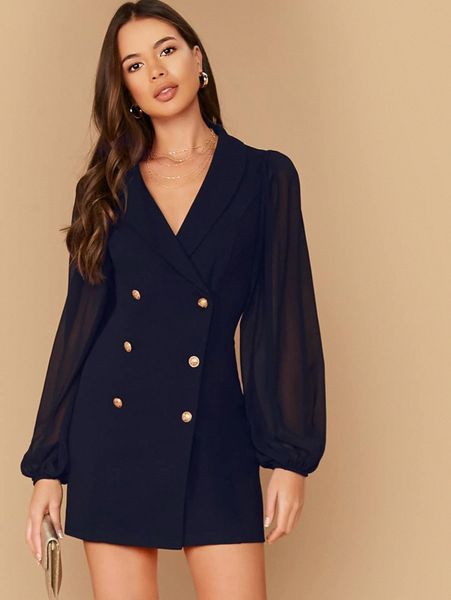 

shawl collar sheer bishop sleeve double breasted blazer dress o0p6#, White