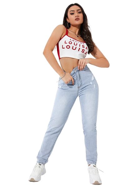 

high waisted ripped mom fit jeans l1vp#, Blue